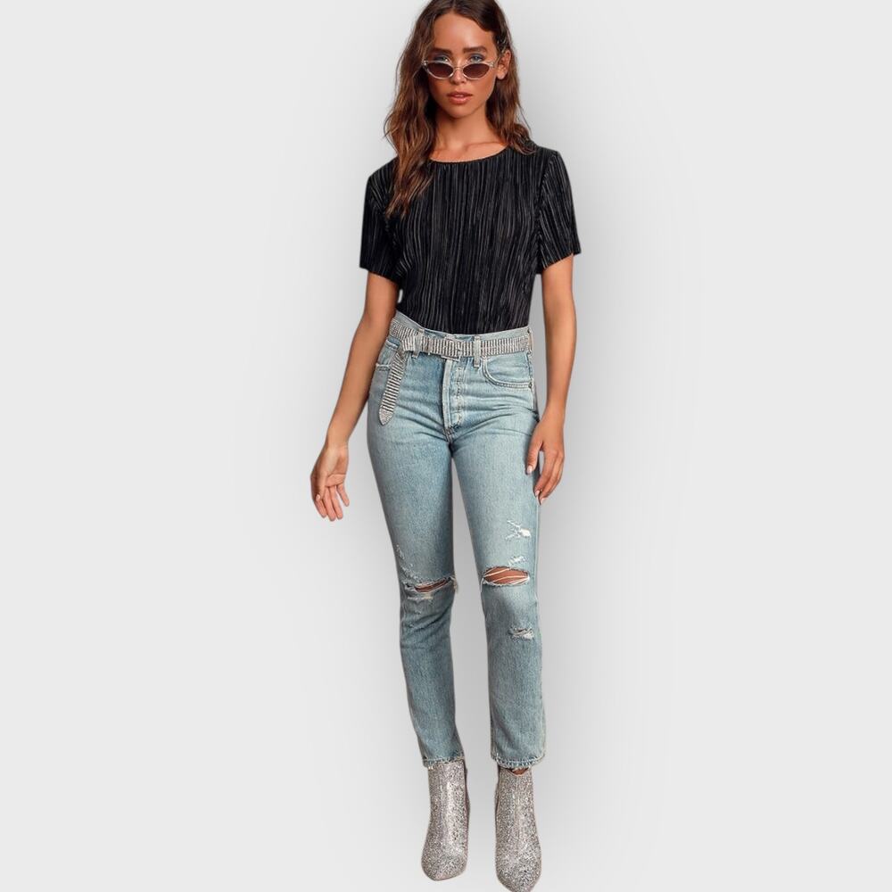 Lulus Albright XS Black Satin Pleated Top Short Sleeve Cropped Blouse Minimalist